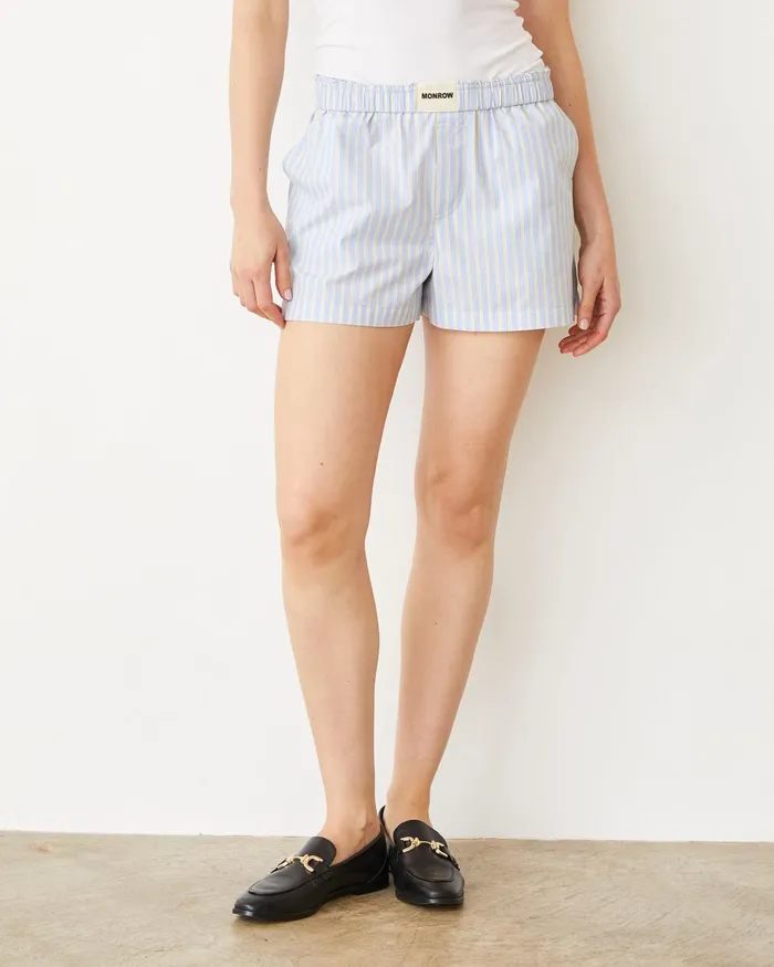Women Shorts MONROW Stripe Poplin Boxer Short Blue Yellow Stripes