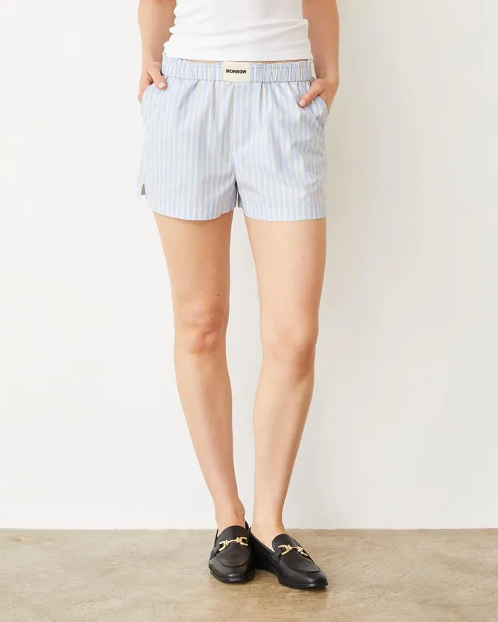 Women Shorts MONROW Stripe Poplin Boxer Short Blue Yellow Stripes