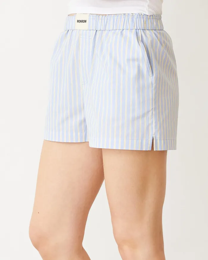 Women Shorts MONROW Stripe Poplin Boxer Short Blue Yellow Stripes