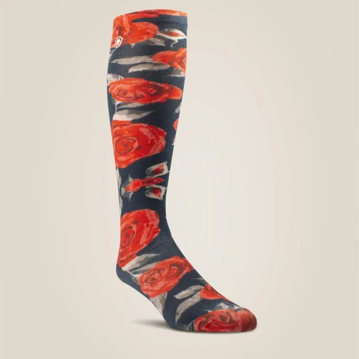 Women Socks Ariat Red Roses Knee High Sock Vintage Rose Print