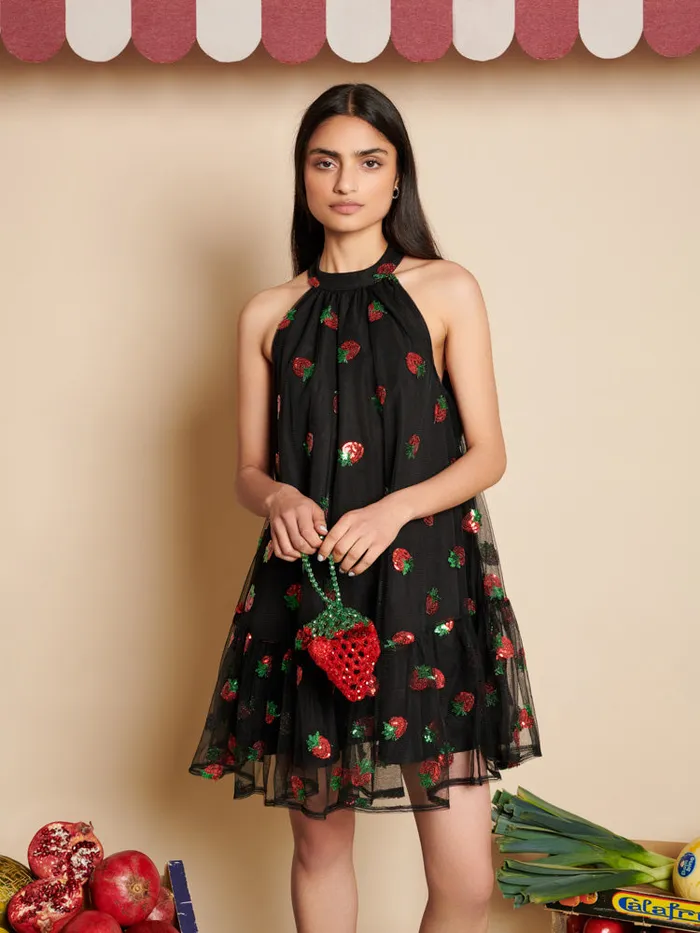 Women Strawberry Sequin Mini Dress Coal Black Sister Jane Dresses