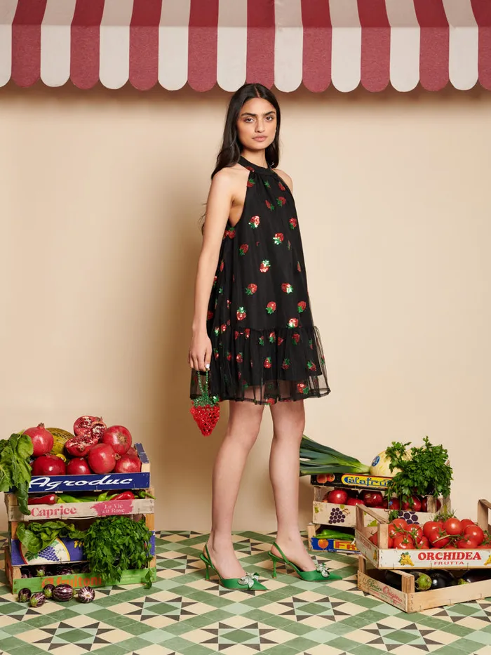 Women Strawberry Sequin Mini Dress Coal Black Sister Jane Dresses