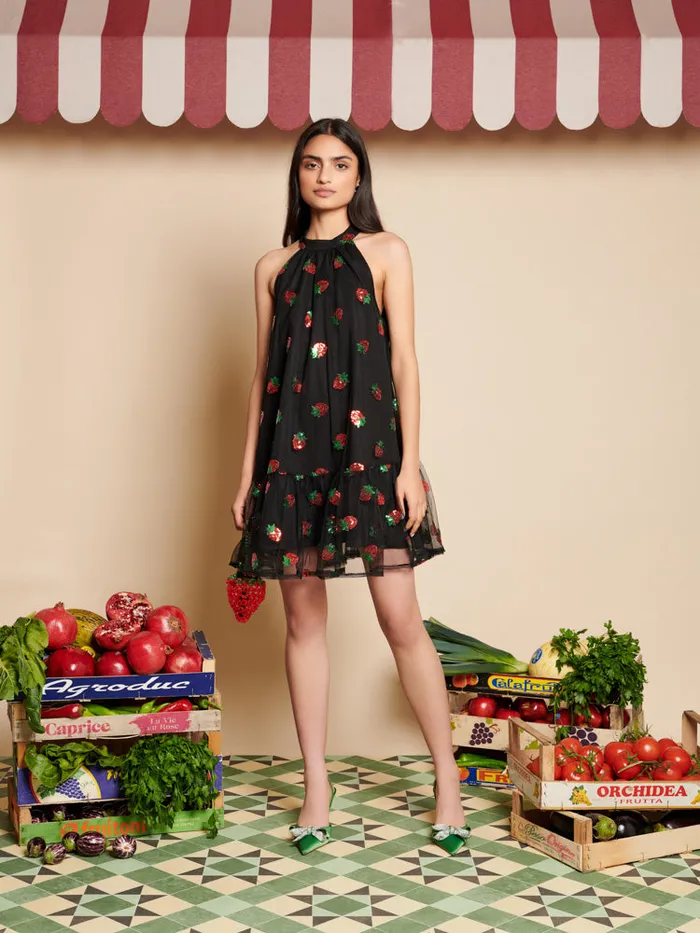 Women Strawberry Sequin Mini Dress Coal Black Sister Jane Dresses