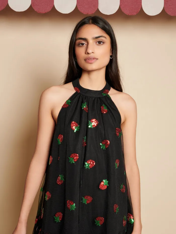 Women Strawberry Sequin Mini Dress Coal Black Sister Jane Dresses