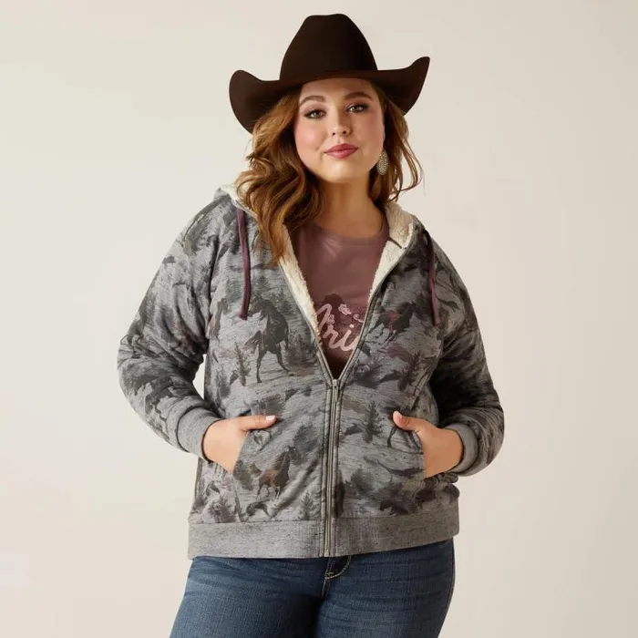 Women Sweatshirts and Hoodies Ariat REAL Sherpa Full Zip Hoodie Misty Horse Print