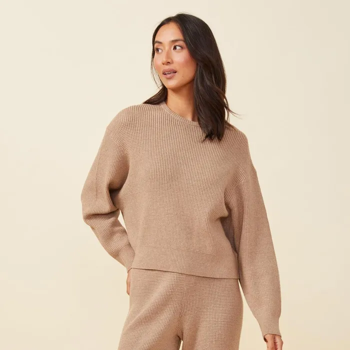 Women Sweatshirts MONROW Soft Knit Waffle Crew Neck Sweatshirt Barley