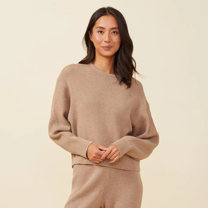 Women Sweatshirts MONROW Soft Knit Waffle Crew Neck Sweatshirt Barley