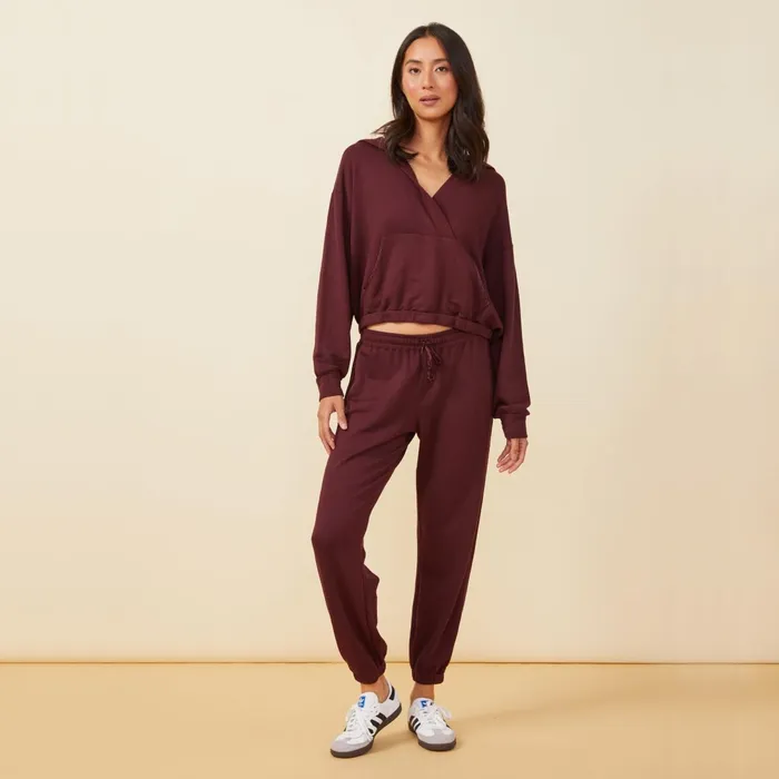 Women Sweatshirts MONROW Supersoft Fleece V Hoody With Silky Piping Merlot