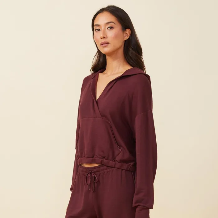 Women Sweatshirts MONROW Supersoft Fleece V Hoody With Silky Piping Merlot