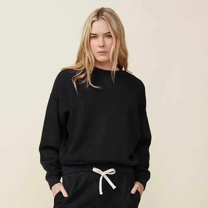 Women Sweatshirts MONROW Teddy Fleece Crew Neck Sweatshirt Black