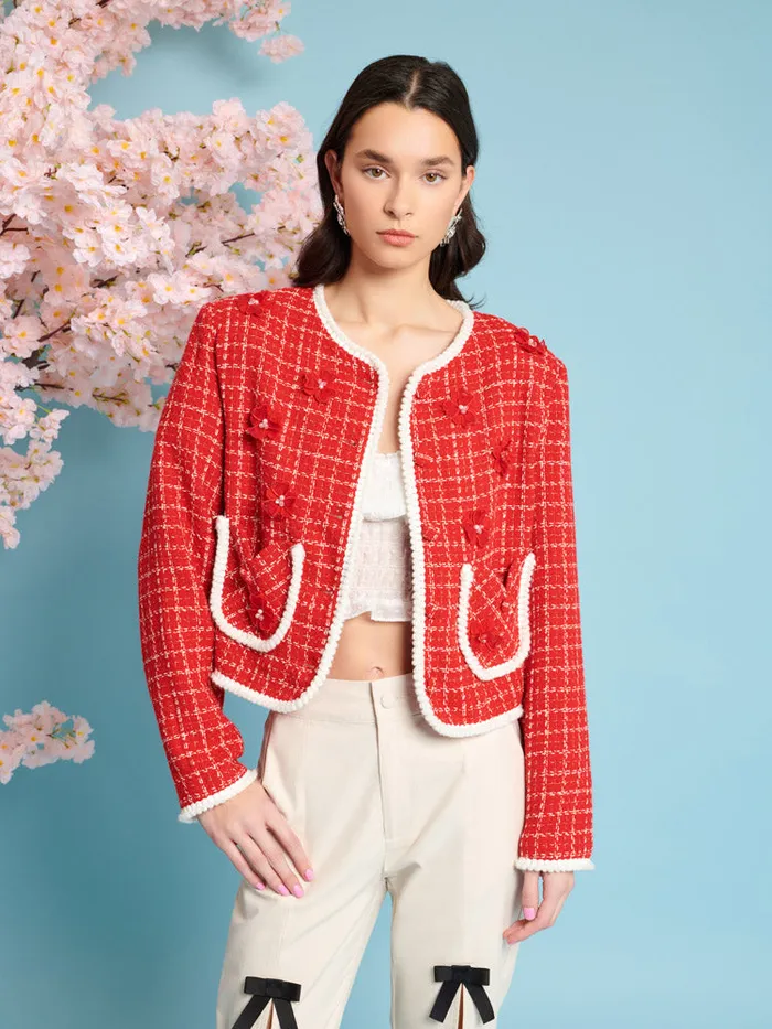 Women Sweet Cherry Tweed Jacket Carmine Red Sister Jane Jackets