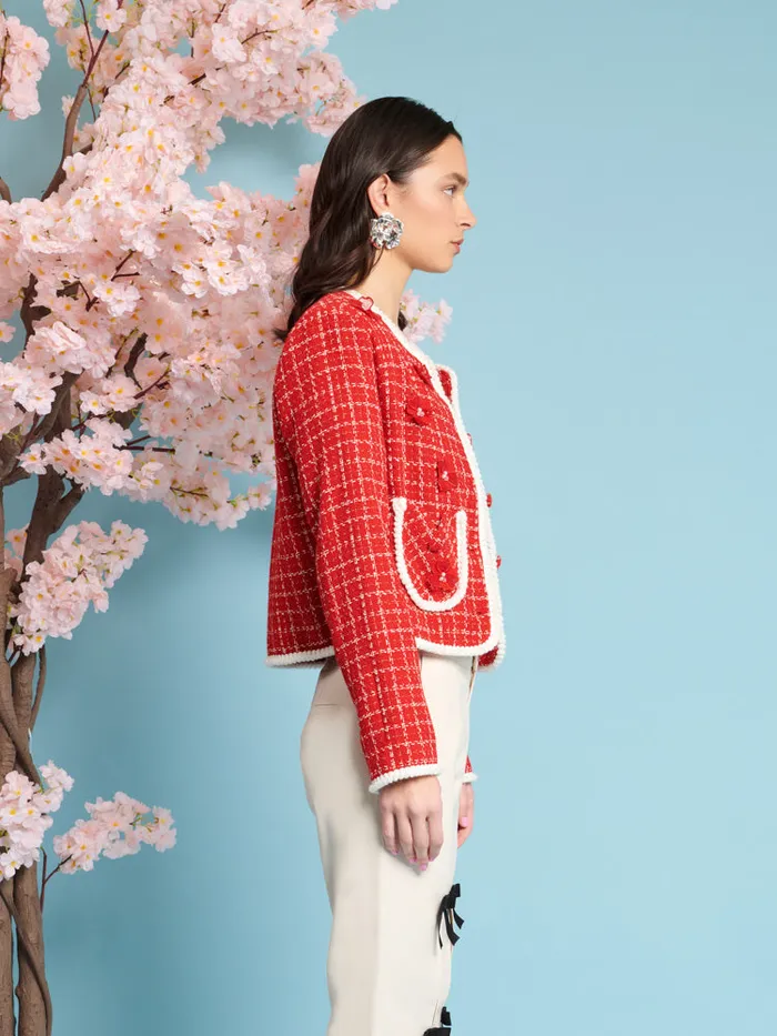 Women Sweet Cherry Tweed Jacket Carmine Red Sister Jane Jackets