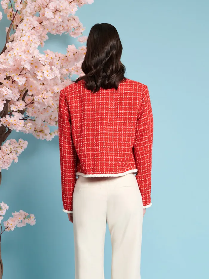 Women Sweet Cherry Tweed Jacket Carmine Red Sister Jane Jackets