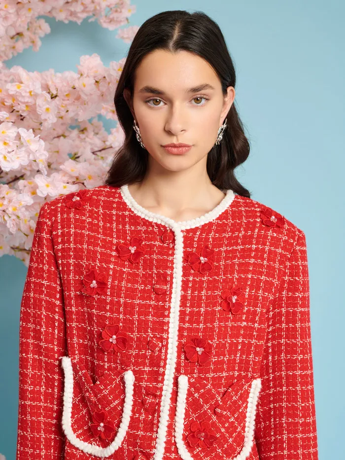 Women Sweet Cherry Tweed Jacket Carmine Red Sister Jane Jackets