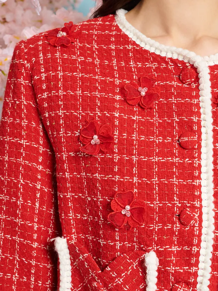 Women Sweet Cherry Tweed Jacket Carmine Red Sister Jane Jackets