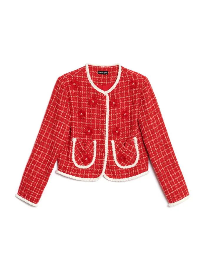 Women Sweet Cherry Tweed Jacket Carmine Red Sister Jane Jackets