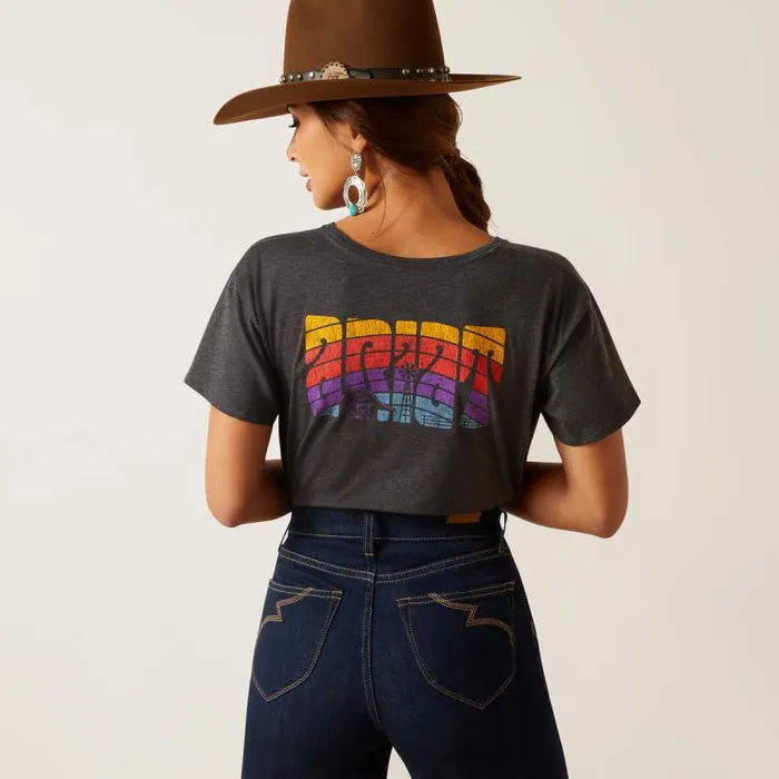 Women TShirts and Tops Ariat Ariat Groovy Sunset TShirt Charcoal Heather