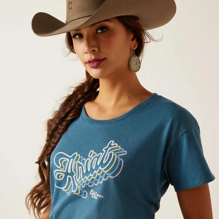 Women TShirts and Tops Ariat Ariat Rainbow Script TShirt Steel Blue Heather Women TShirts and Tops Ariat Ariat Rainbow Script TShirt Steel Blue Heather