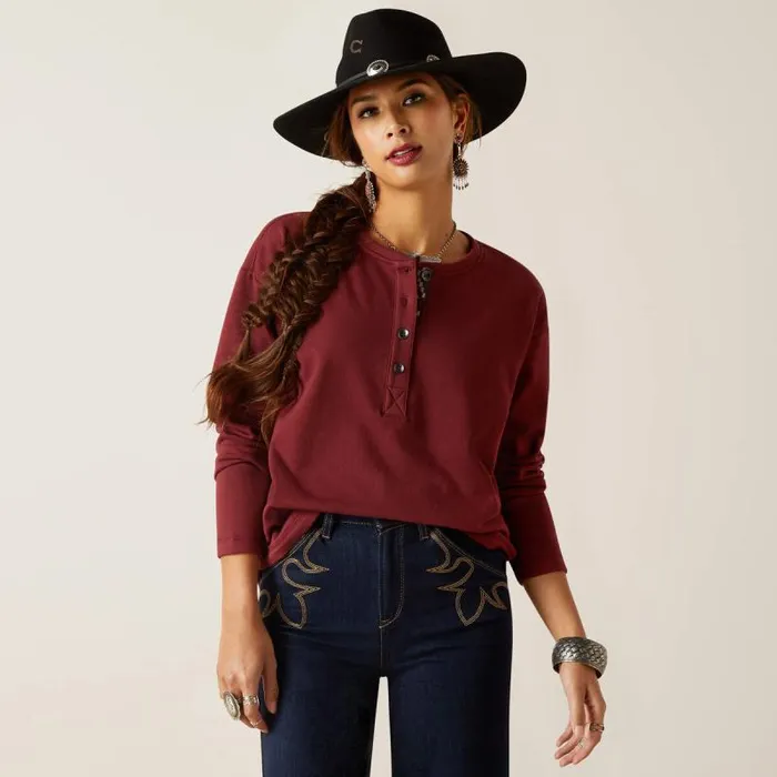 Women TShirts and Tops Ariat Terry Henley Sweatshirt Oxblood Red