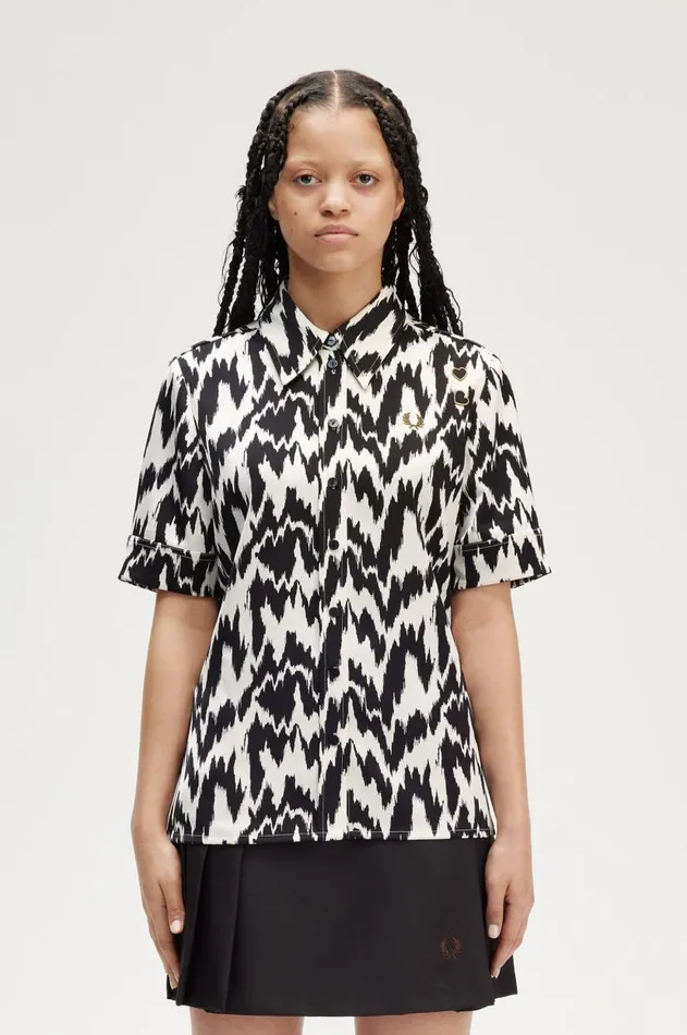 Women TShirts and Tops Fred Perry Animal Print Satin Shirt Ecru
