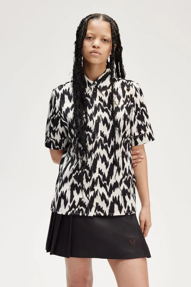 Women TShirts and Tops Fred Perry Animal Print Satin Shirt Ecru
