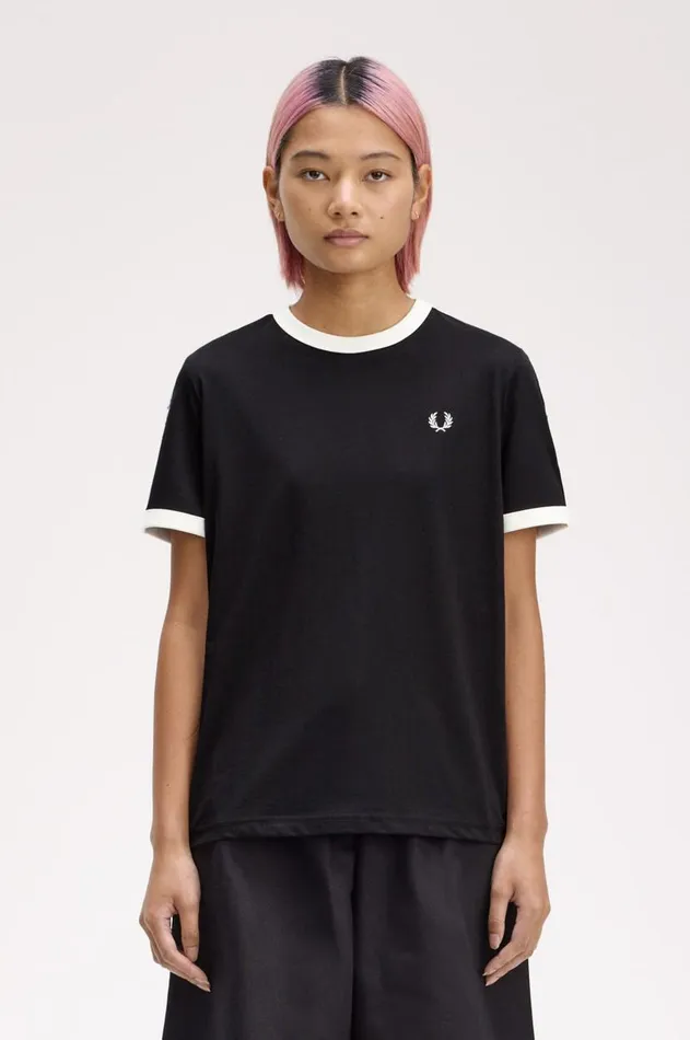 Women TShirts and Tops Fred Perry Taped Ringer TShirt Black