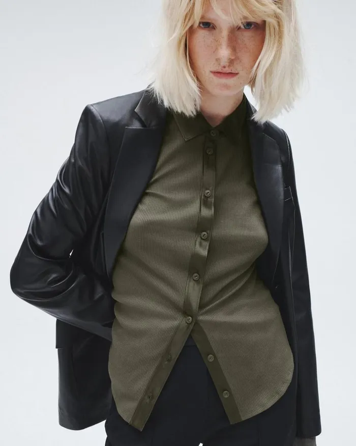 Women TShirts Rag 038 Bone Ribbed Button Down Shirt Olive Night