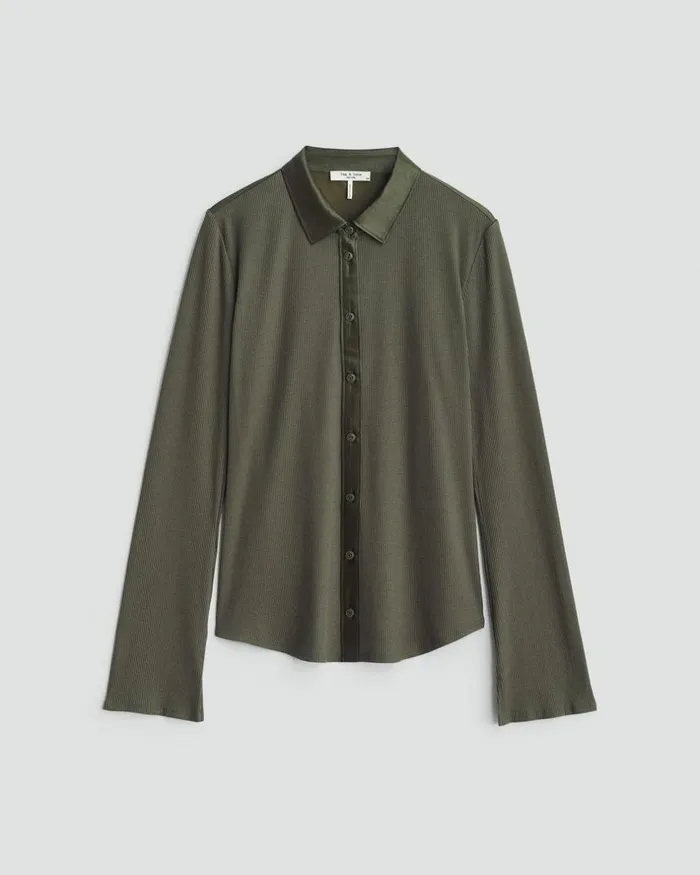 Women TShirts Rag 038 Bone Ribbed Button Down Shirt Olive Night