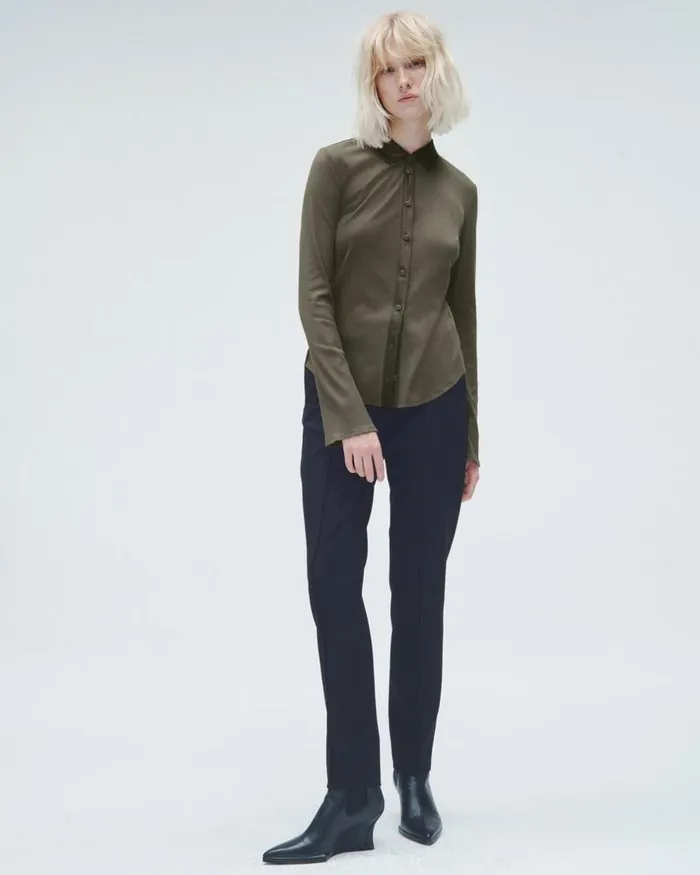 Women TShirts Rag 038 Bone Ribbed Button Down Shirt Olive Night