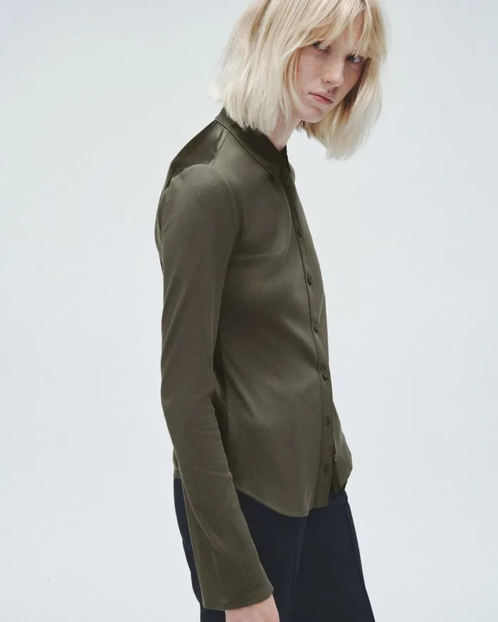 Women TShirts Rag 038 Bone Ribbed Button Down Shirt Olive Night