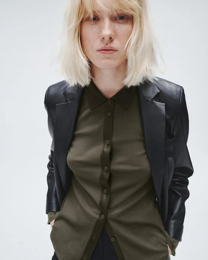 Women TShirts Rag 038 Bone Ribbed Button Down Shirt Olive Night