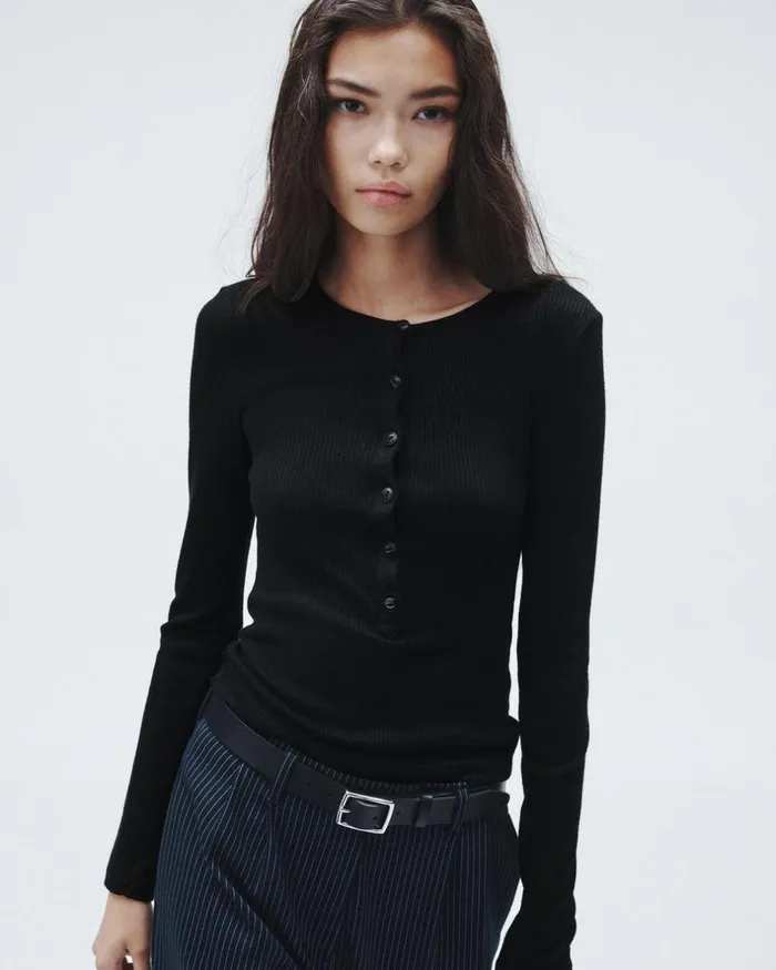 Women TShirts Rag 038 Bone The Knit Rib Henley Long Sleeve Tee Black