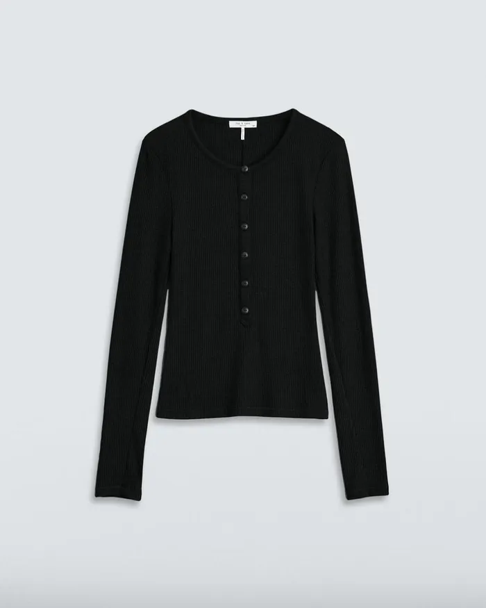 Women TShirts Rag 038 Bone The Knit Rib Henley Long Sleeve Tee Black