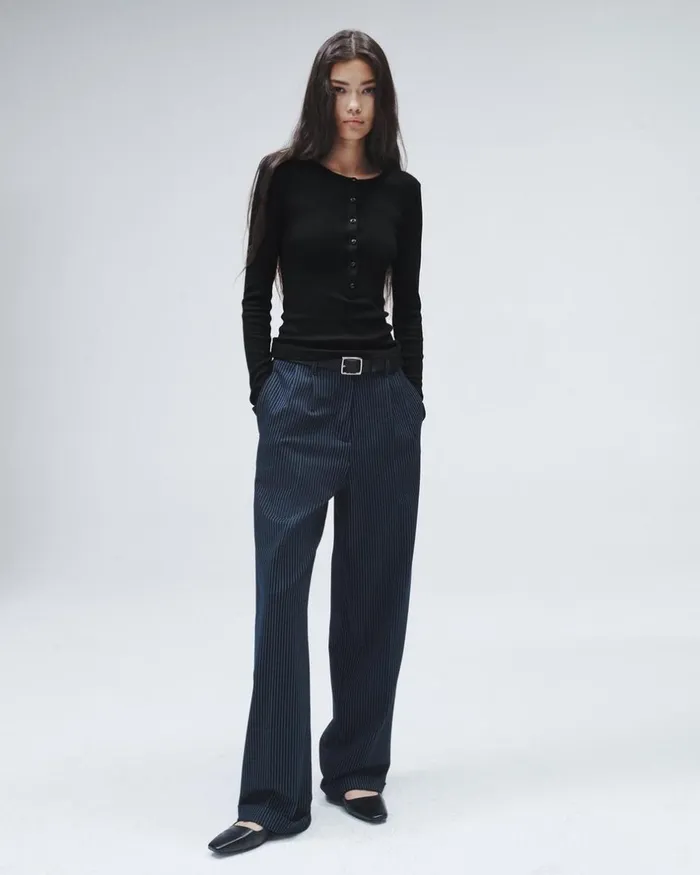 Women TShirts Rag 038 Bone The Knit Rib Henley Long Sleeve Tee Black