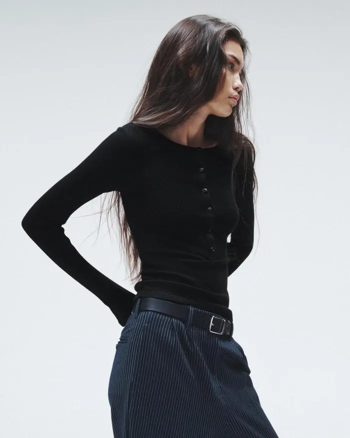 Women TShirts Rag 038 Bone The Knit Rib Henley Long Sleeve Tee Black