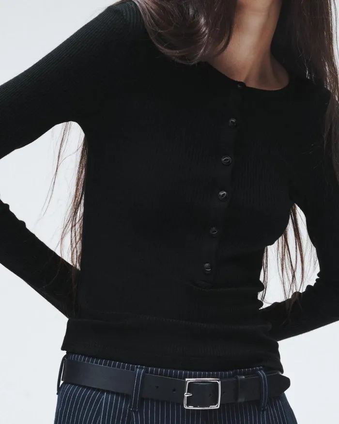 Women TShirts Rag 038 Bone The Knit Rib Henley Long Sleeve Tee Black