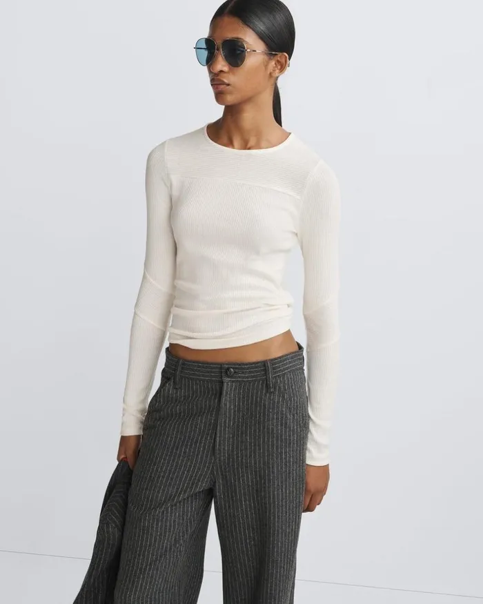 Women TShirts Rag 038 Bone The Knit Rib Paneled Crew Ivory