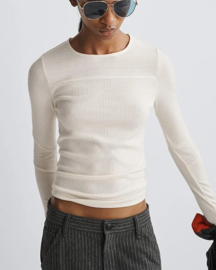 Women TShirts Rag 038 Bone The Knit Rib Paneled Crew Ivory