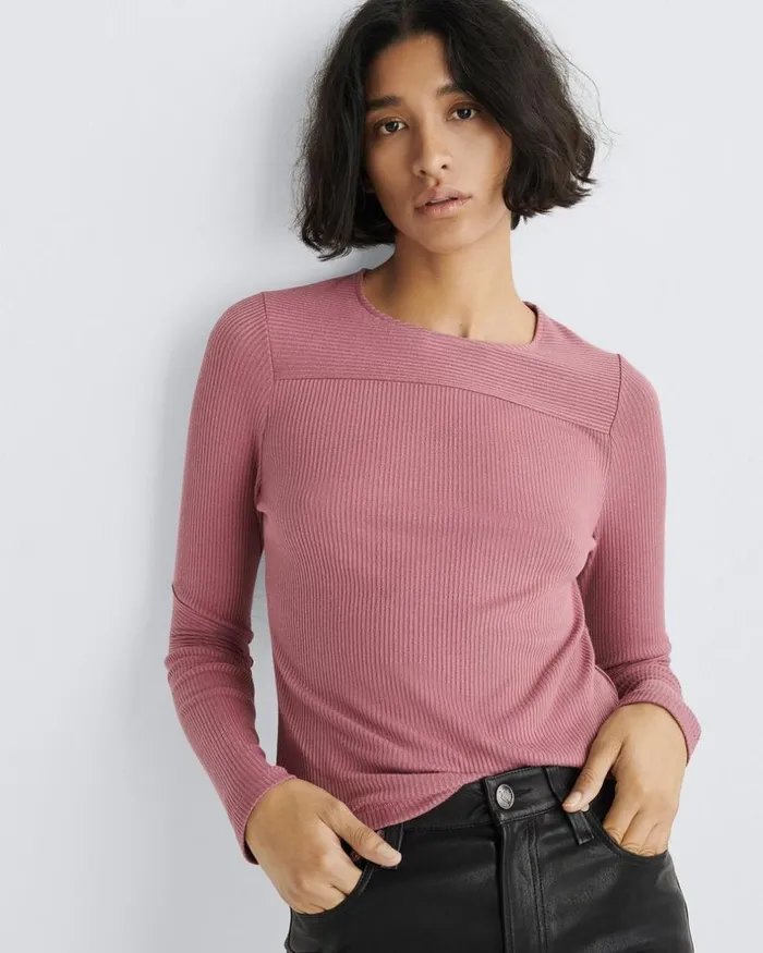 Women TShirts Rag 038 Bone The Knit Rib Paneled Crew Rose