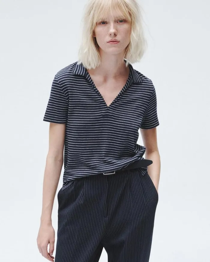 Women TShirts Rag 038 Bone The Knit Striped Polo Navy Stripe