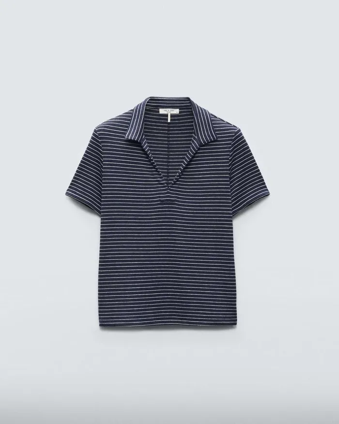 Women TShirts Rag 038 Bone The Knit Striped Polo Navy Stripe