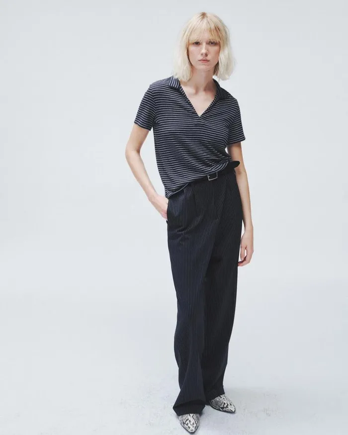 Women TShirts Rag 038 Bone The Knit Striped Polo Navy Stripe