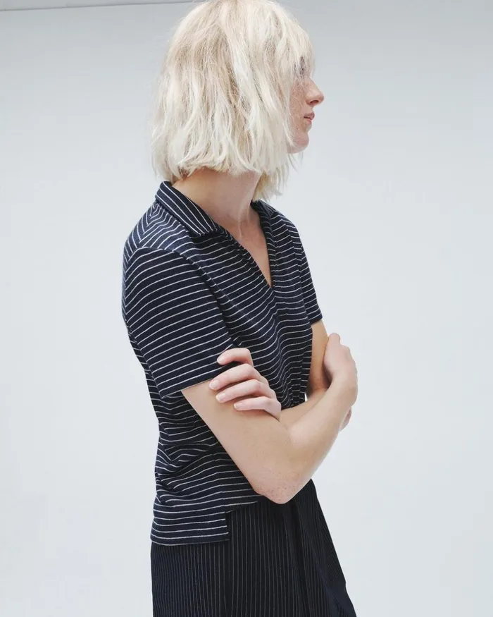 Women TShirts Rag 038 Bone The Knit Striped Polo Navy Stripe