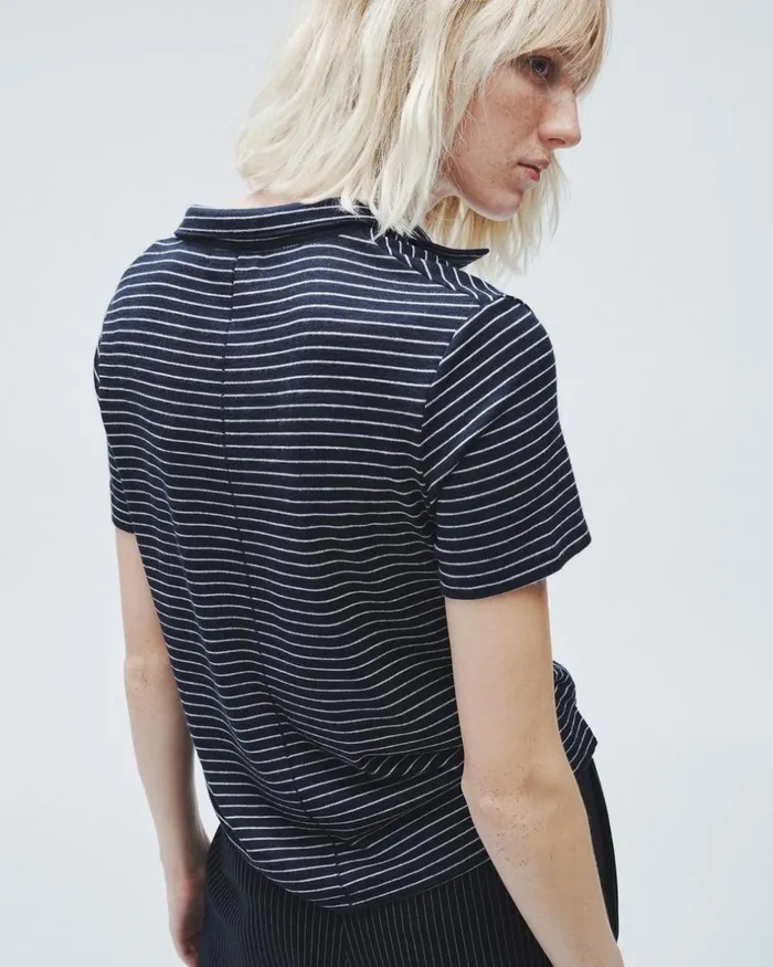 Women TShirts Rag 038 Bone The Knit Striped Polo Navy Stripe