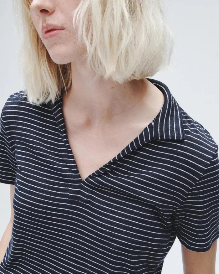 Women TShirts Rag 038 Bone The Knit Striped Polo Navy Stripe