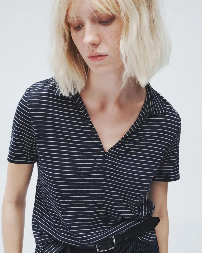 Women TShirts Rag 038 Bone The Knit Striped Polo Navy Stripe