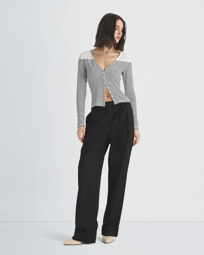 Women TShirts Rag 038 Bone The Knit Striped Vee Cardigan Blackwhite