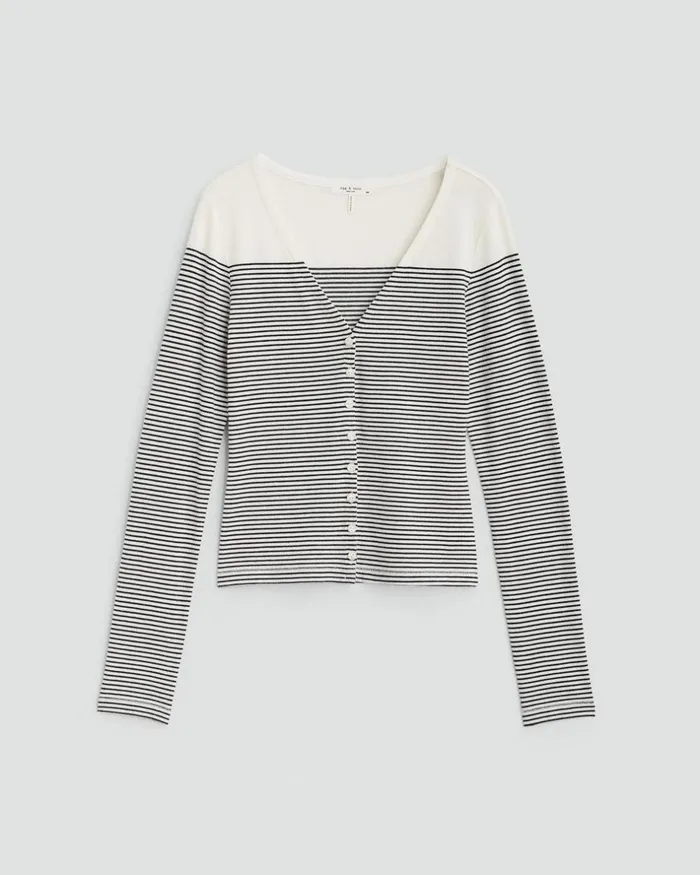 Women TShirts Rag 038 Bone The Knit Striped Vee Cardigan Blackwhite