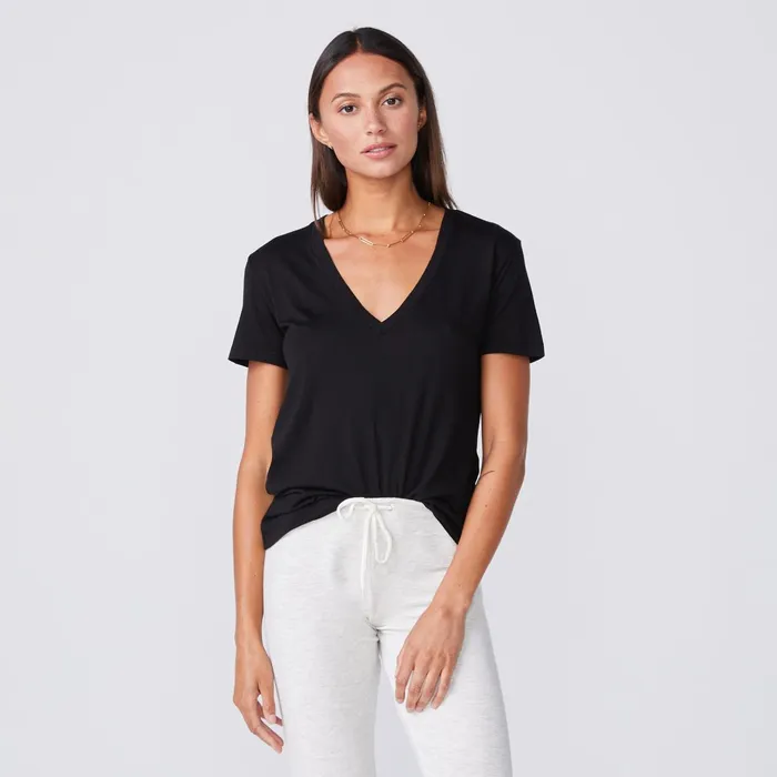 Women Tees MONROW Cotton Modal Relaxed V Neck Tee Black