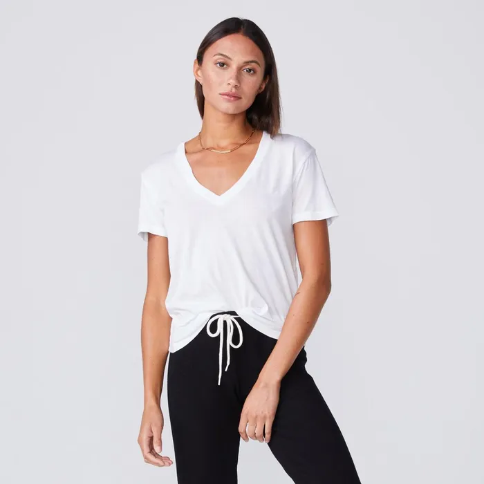 Women Tees MONROW Cotton Modal Relaxed V Neck Tee White